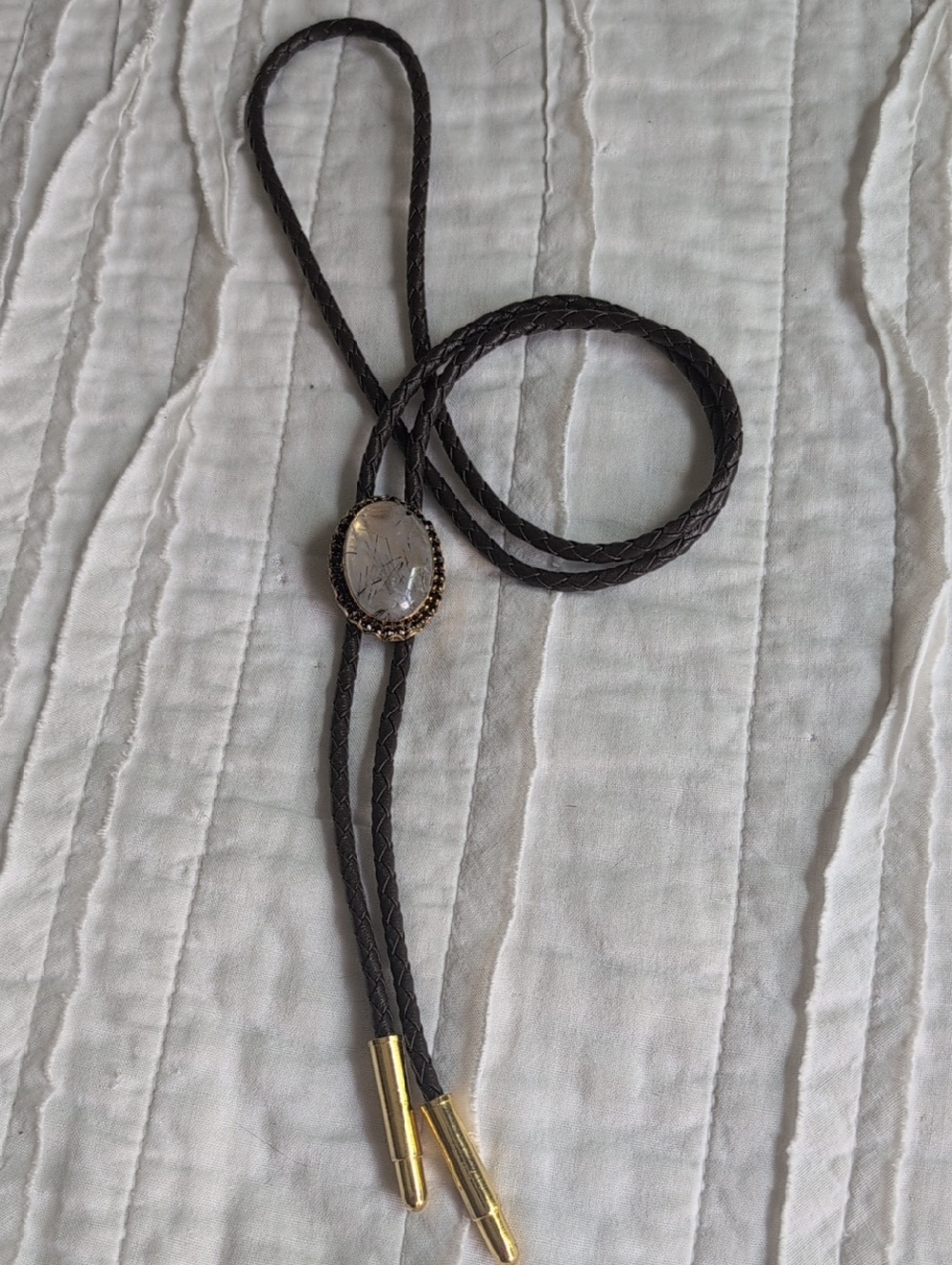 Brown Braided Leather Bolo Tie with Bezel Set Rutilated Quartz Gemstone